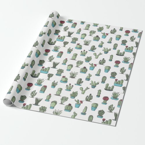 Cactuses and Succulents Plants Hand Drawn Pattern Wrapping Paper