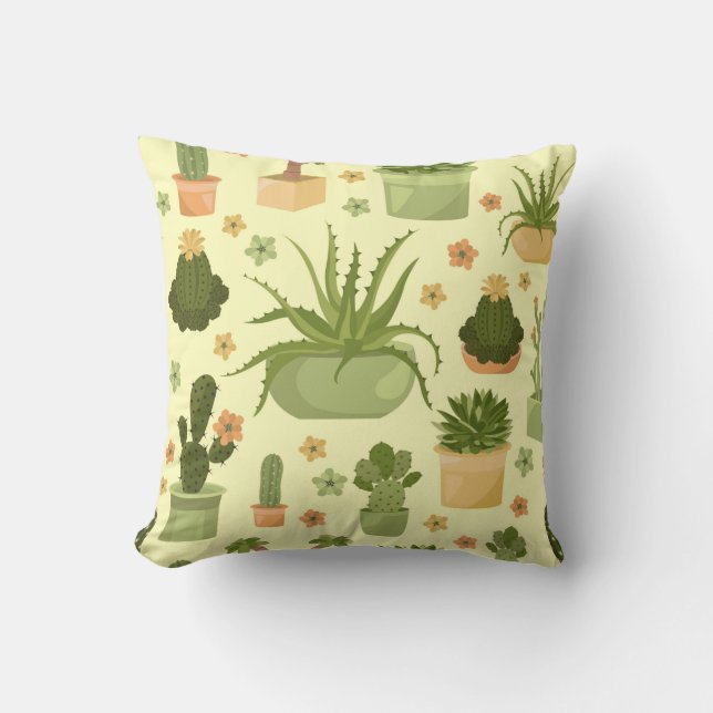 Cactuses and succulents seamless pattern. Housepla Throw Pillow (Front)