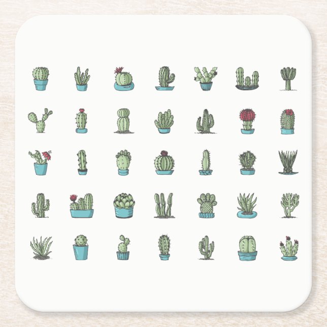 Cactuses Succulents Plants Hand Drawn Botanical Square Paper Coaster (Front)