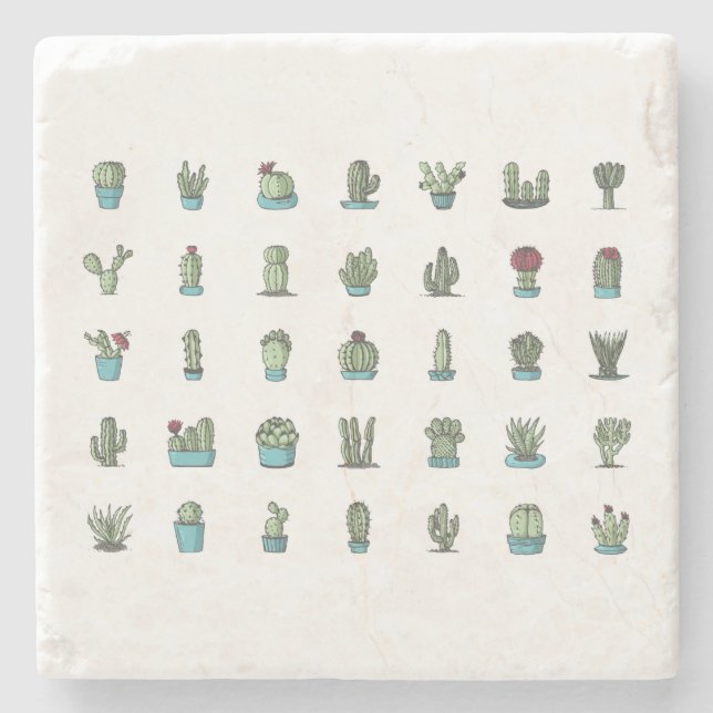 Cactuses Succulents Plants Hand Drawn Botanical Stone Coaster (Front)