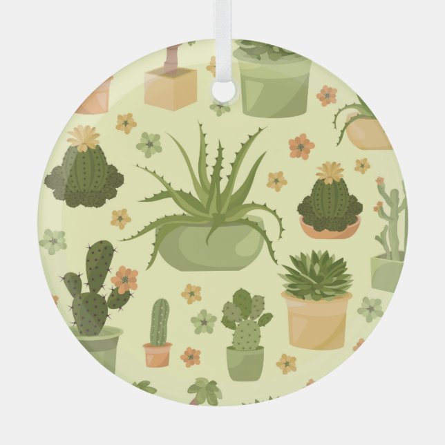 Cactuses, succulents: vintage houseplants pattern. glass ornament (Front)