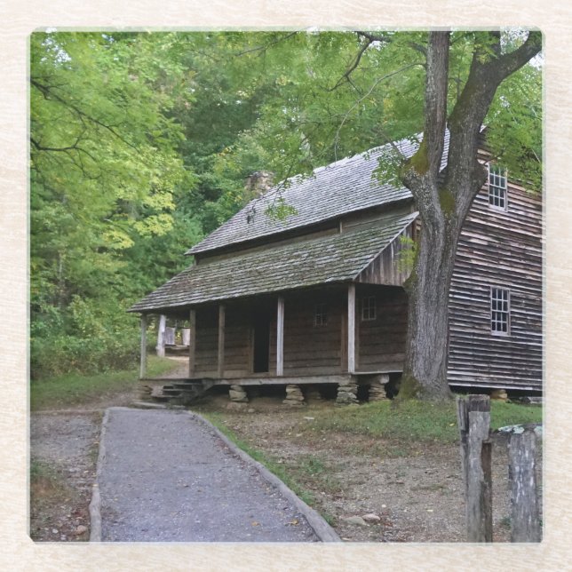 Cades Cove Cabin Glass Coaster (Front)