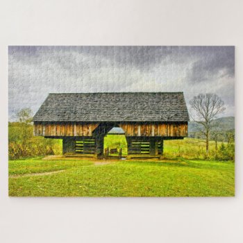 Cades Cove Cantilever Barn Travel Photography Jigsaw Puzzle by NancyTrippPhotoGifts at Zazzle