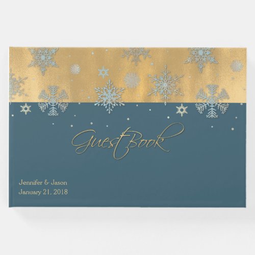 Cadet Blue and Gold Snowflakes Wedding Guest Book