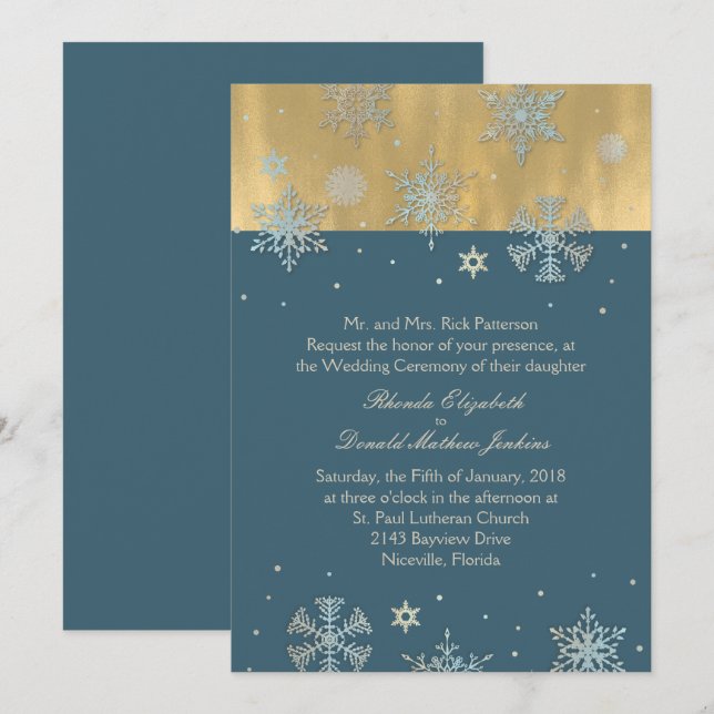Cadet Blue and Gold Snowflakes Wedding Invitation (Front/Back)