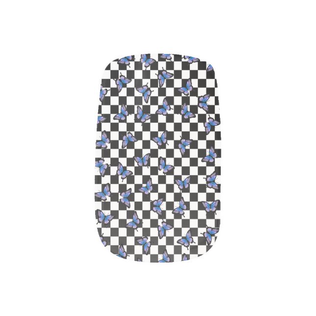 Cadet Blue Butterflies Checkered Nail Art Decals (Left Thumb)