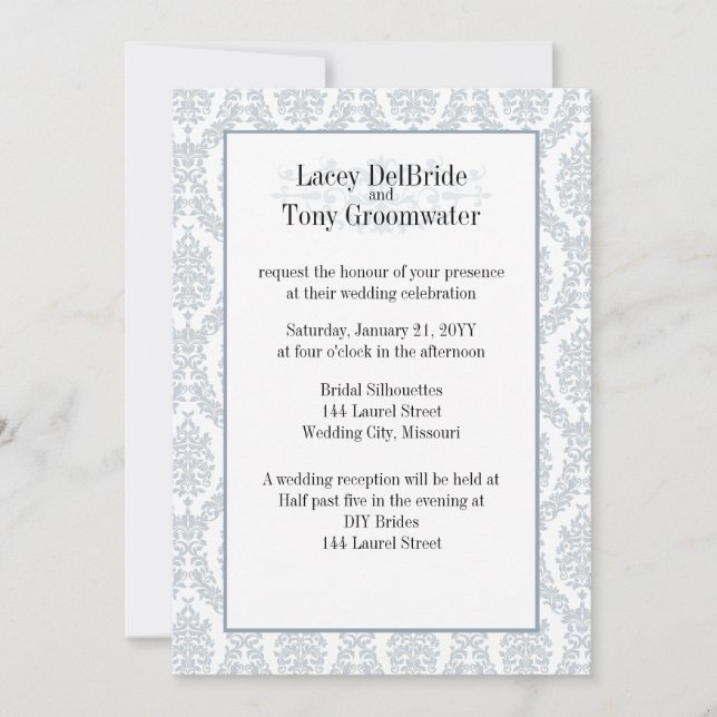 Cadet Grey Damask Theme Wedding Custom Invitation (Front)