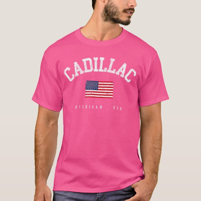 Cadillac MI Retro American Flag USA City Name fami T-Shirt (Front)