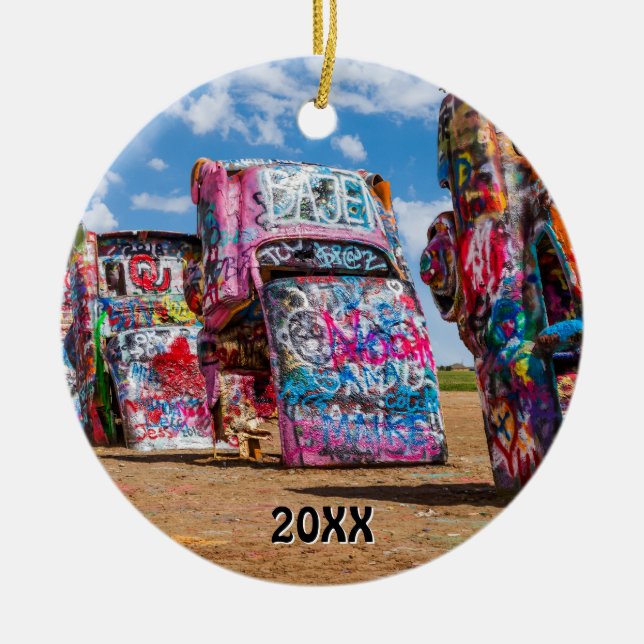 Cadillac Ranch, Amarillo, Texas Ceramic Ornament (Front)