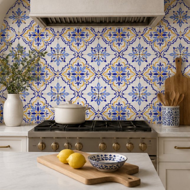 Cadiz Harmony Elegant Sky Blue Gold Mediterranean  Ceramic Tile (Creator Uploaded)