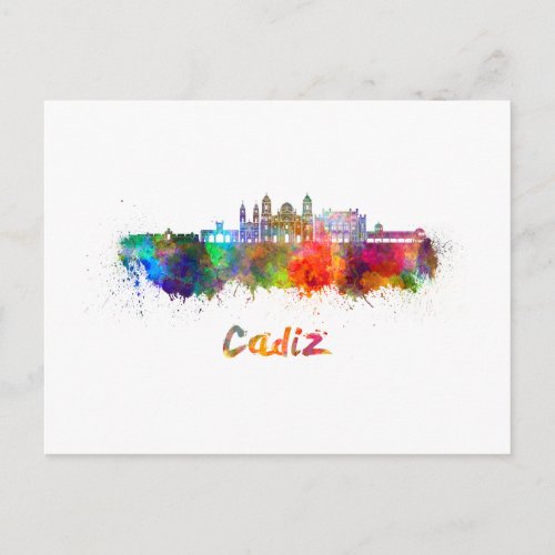 Cadiz skyline in watercolor postcard