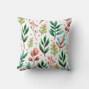 Cadmium Green Pink Watercolor Leaves Throw Pillow
