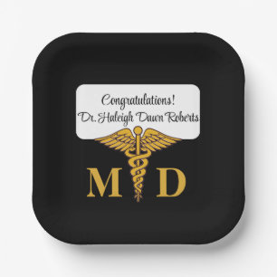 Caduceus Black & Gold Medical School Graduation Paper Plates
