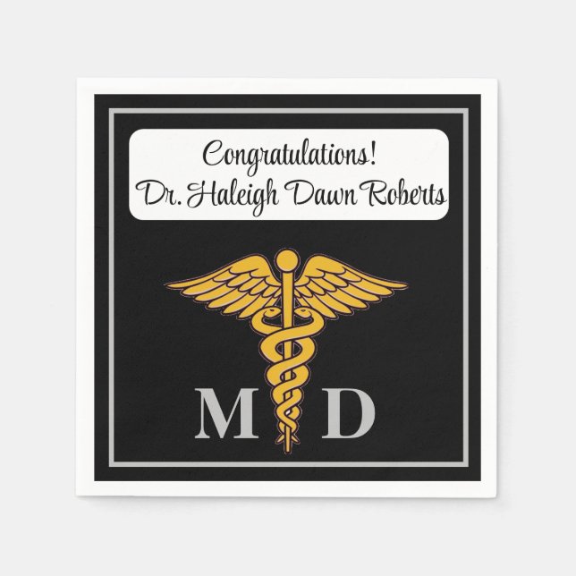 Caduceus Black & Silver Medical School Graduation Napkins (Front)