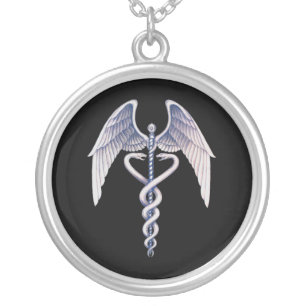 Caduceus Black & Silver Medical Winged Necklace