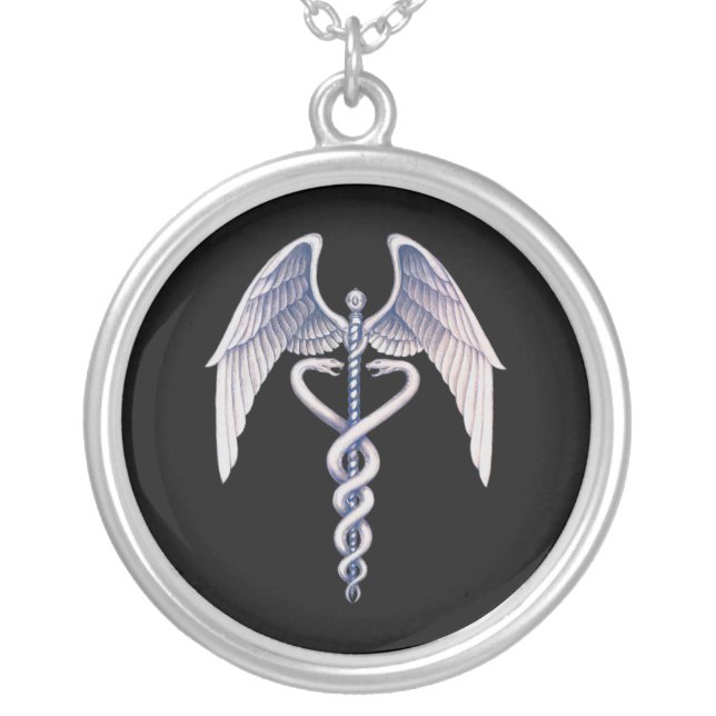 Caduceus Black & Silver Medical Winged Necklace (Front)
