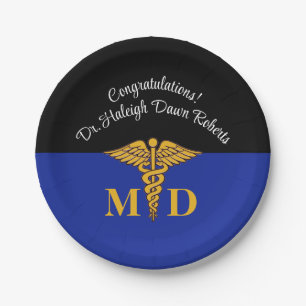 Caduceus Blue & Black Medical School Graduation Paper Plates