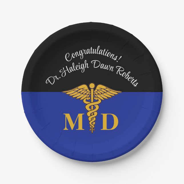 Caduceus Blue & Black Medical School Graduation Paper Plates (Front)