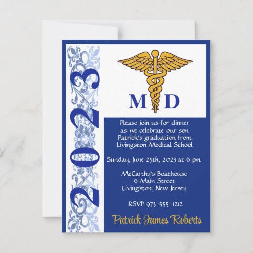 Caduceus Blue  Gold Medical School Graduation Invitation