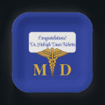 Caduceus Blue & Gold Medical School Graduation Paper Plates<br><div class="desc">Medical School graduation plates bearing the Caduceus symbol and degree (M.D.,  D.O.,  R.N.,  etc.). Available in numerous colors.   Can be personalized with your own images,  artwork,  etc. or message MineByDesign and we can help you customize exactly what you envision!</div>