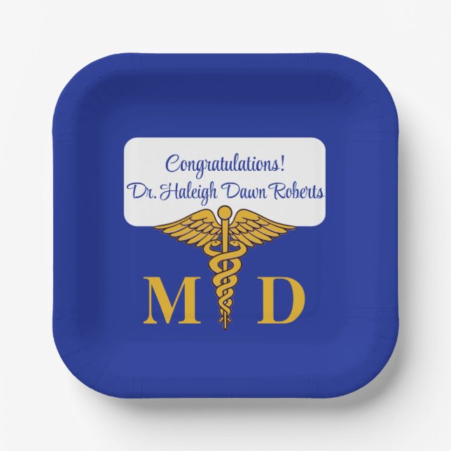 Caduceus Blue & Gold Medical School Graduation Paper Plates (Front)
