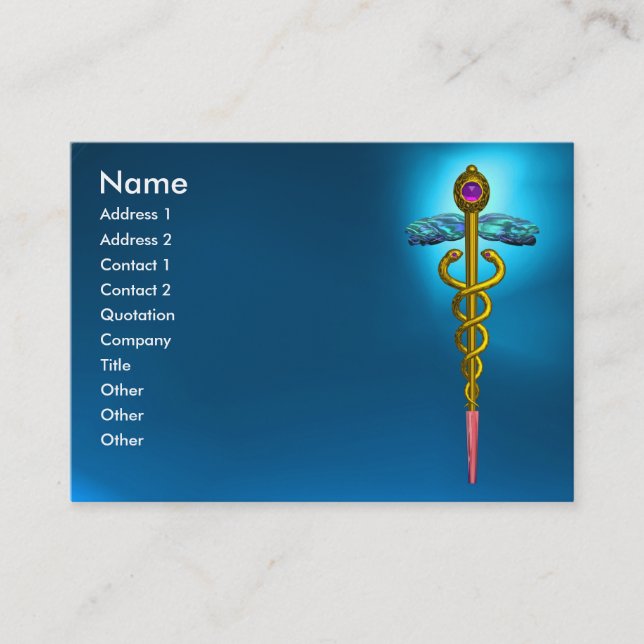 CADUCEUS, BLUE SAPPHIRE  vibrant gold amethyst Business Card (Front)