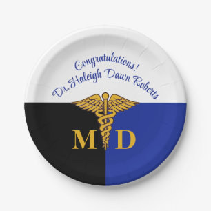 Caduceus Blue/White/Black Med School Graduation Paper Plates
