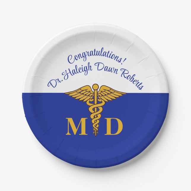 Caduceus Blue & White Medical School Graduation Paper Plates (Front)