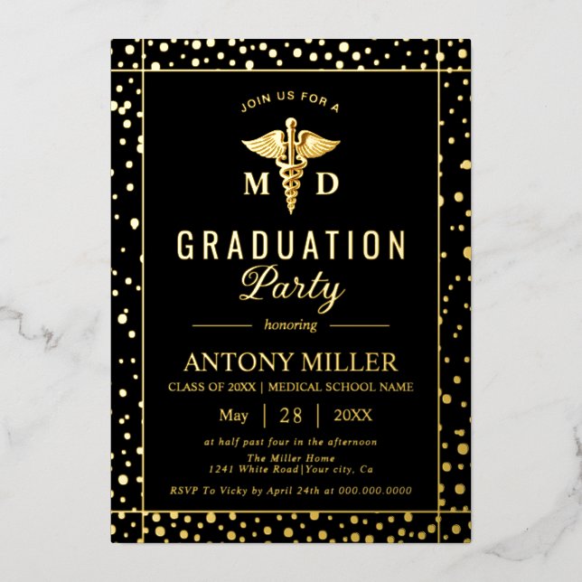 Caduceus Class Of 2026 black graduation Gold foil Invitation (Front)