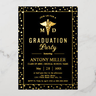Caduceus Class Of 2026 black graduation Gold foil Invitation