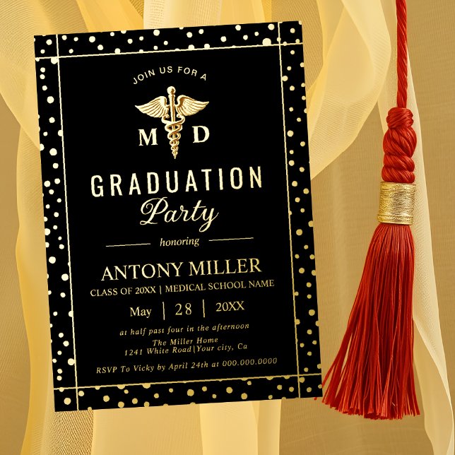 Caduceus Class Of 2026 black graduation Gold foil Invitation (Creator Uploaded)