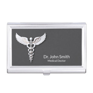 Caduceus Clean White Detailed Warm Gray Medical Business Card Case