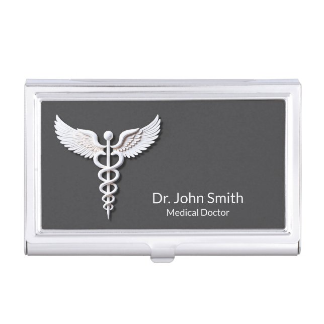 Caduceus Clean White Detailed Warm Gray Medical Business Card Case (Front)