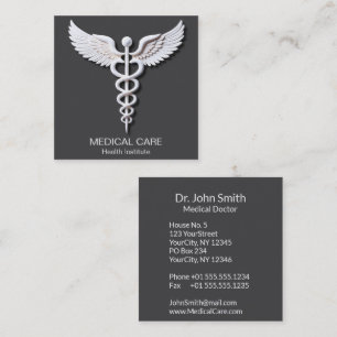 Caduceus Clean White Detailed Warm Gray Medical Square Business Card