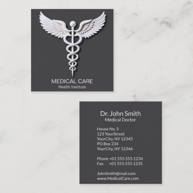 Caduceus Clean White Detailed Warm Gray Medical Square Business Card (Front/Back)