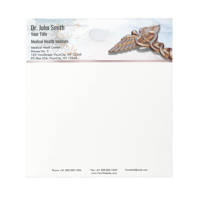 Caduceus Copper Rose Gold Luxury Medical Marble Notepad (Front)
