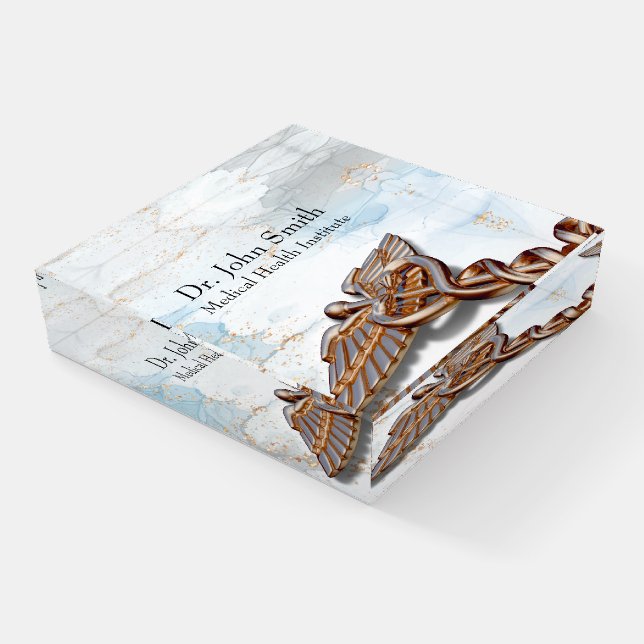 Caduceus Copper Rose Gold Luxury Medical Marble Paperweight (Angled)