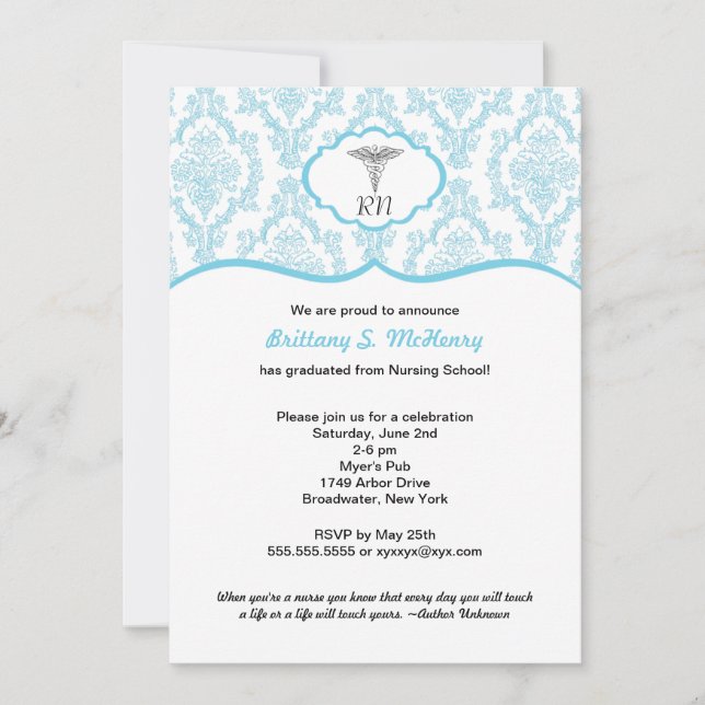 Caduceus Damask blue Nursing school graduation RN Invitation (Front)