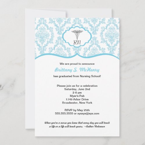 Caduceus Damask blue Nursing school graduation RN Card