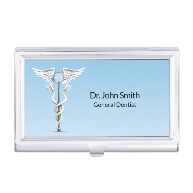 Caduceus Dental Mirror Toothbrush Medical White Business Card Case (Front)
