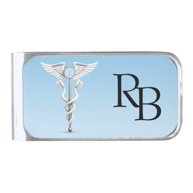 Caduceus Dental Mirror Toothbrush Medical White Silver Finish Money Clip (Front)