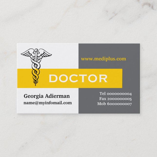 Caduceus doctor minimalist grey, white, yellow business card (Front)