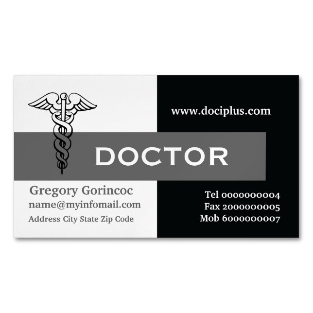 Caduceus doctor modern minimalist black, grey magnetic business card (Front)