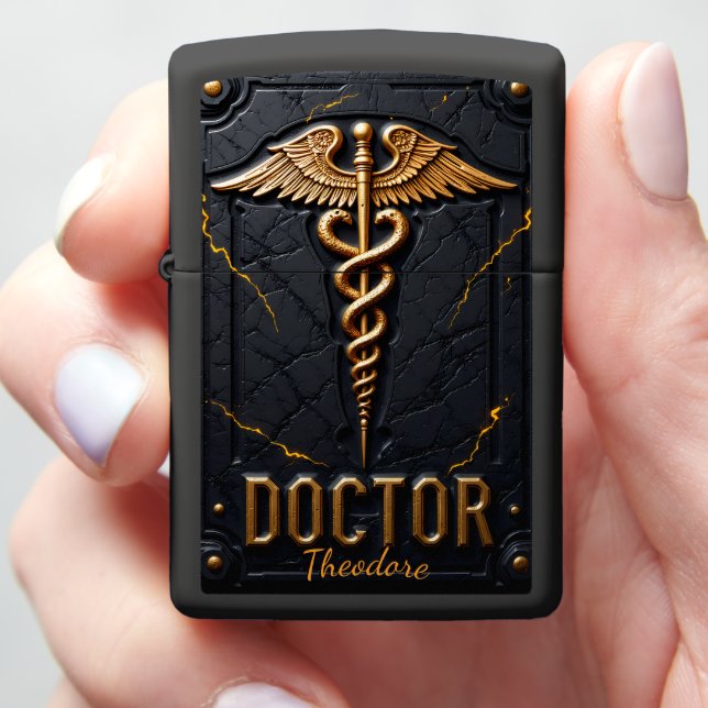 Caduceus Doctor Physician Gift Gold Zippo Lighter (In Hand)