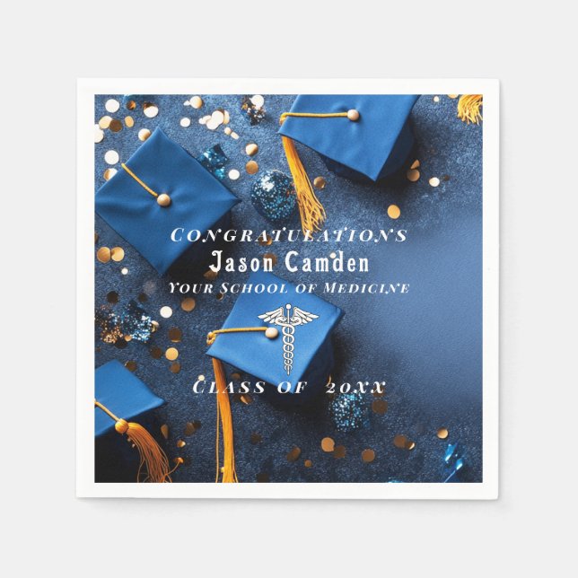  Caduceus Elegant Gold White Navy Blue Graduation Napkins (Front)