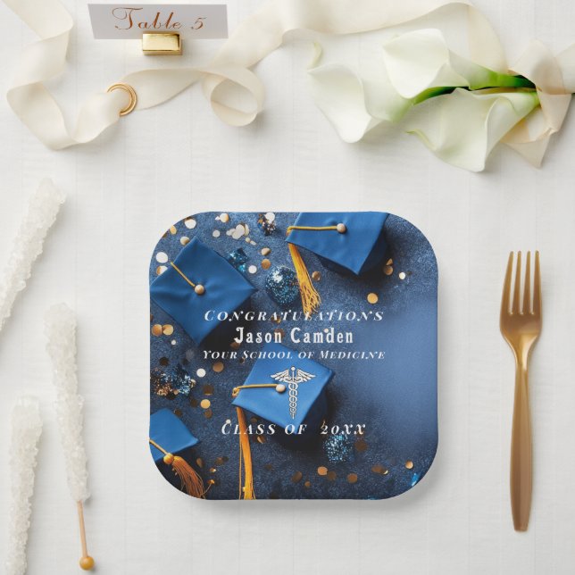  Caduceus Elegant Gold White Navy Blue Graduation Paper Plates (Wedding)