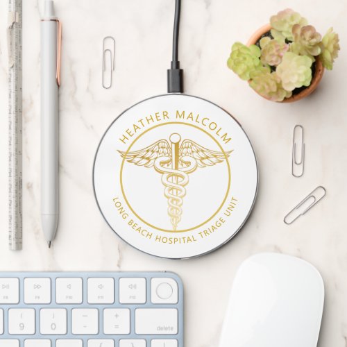 Caduceus faux gold personalized Nurses Wireless Charger
