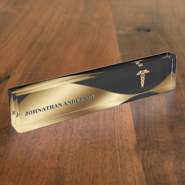 Caduceus gold black banner medical elegant chic desk name plate (Side)