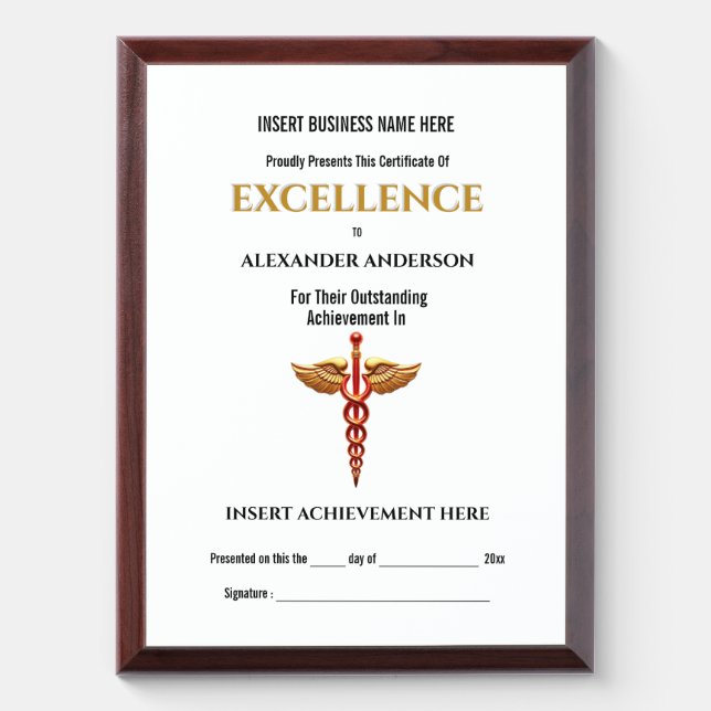 Caduceus gold red healthcare staff recognition  award plaque (Vertical)