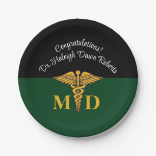 Caduceus Green & Black Medical School Graduation Paper Plates